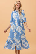 Floral Button-Front 3/4 Sleeve Ruffle Hem Dress