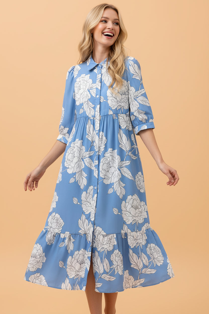 Floral Button-Front 3/4 Sleeve Ruffle Hem Dress