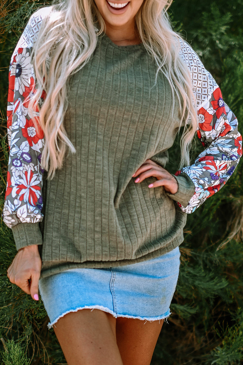 Floral Ribbed Patchwork Long Sleeve Blouse