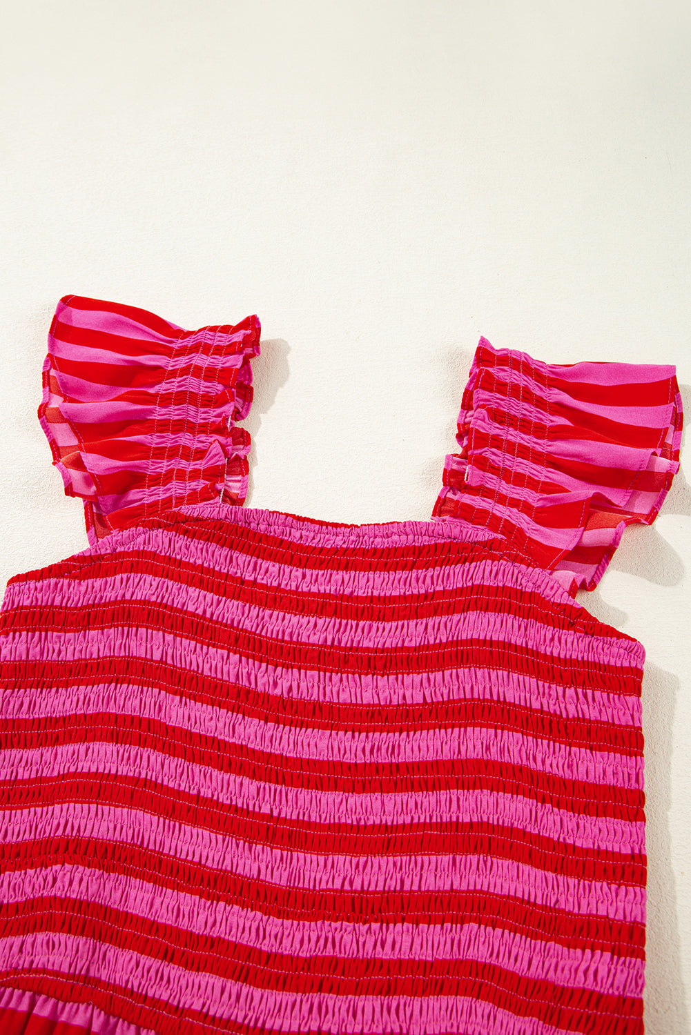 Stripe Smocked Bodice Flutter Sleeve Tiered Maxi Dress