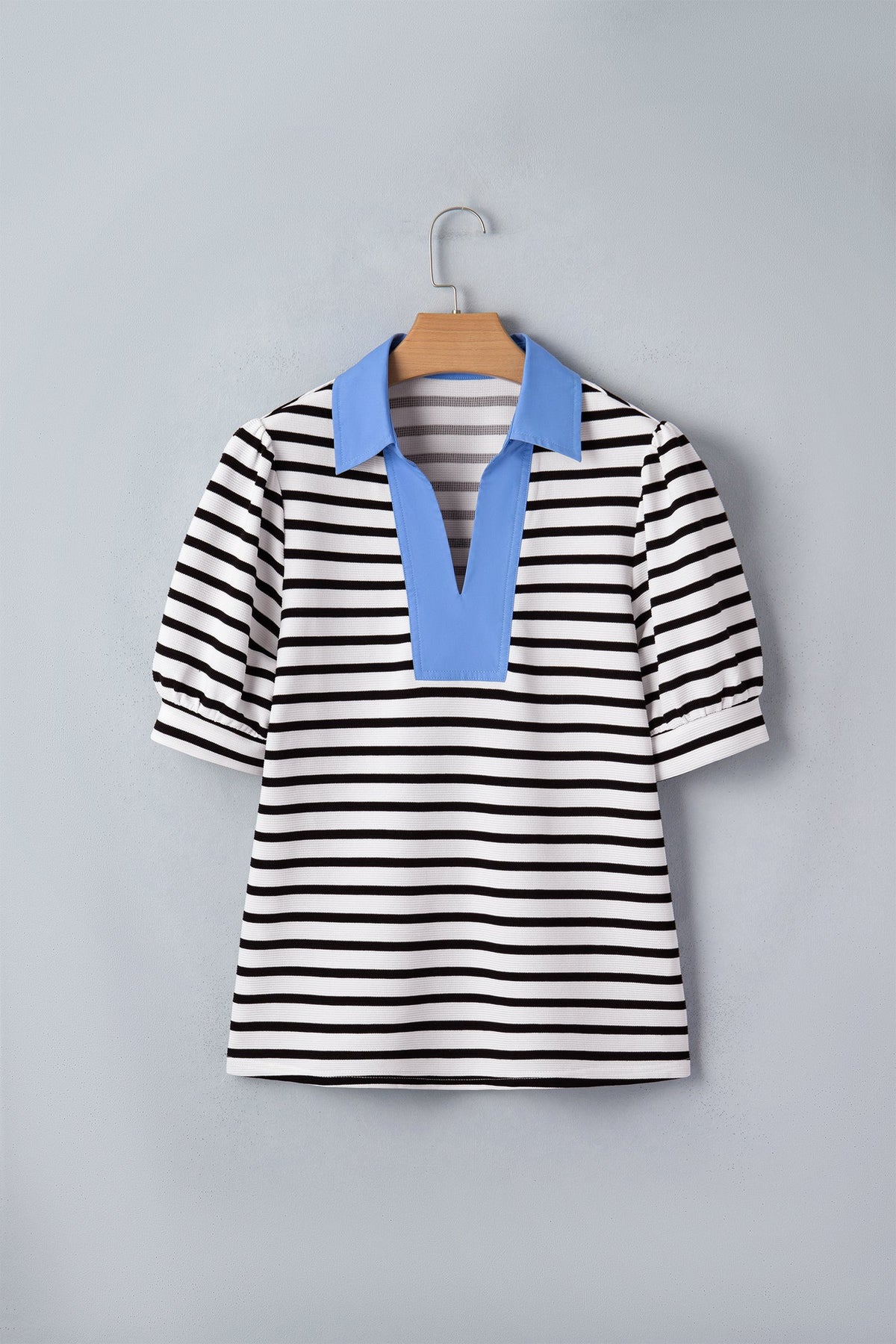 Stripe Colorblock Puff Sleeve Polo Collar Blouse