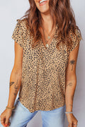 Cheetah Frilled V-Neck Short Sleeve Blouse