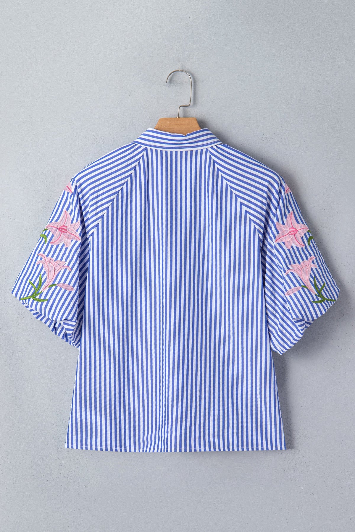 Stripe Floral Lily Embroidered Puff Sleeve Shirt