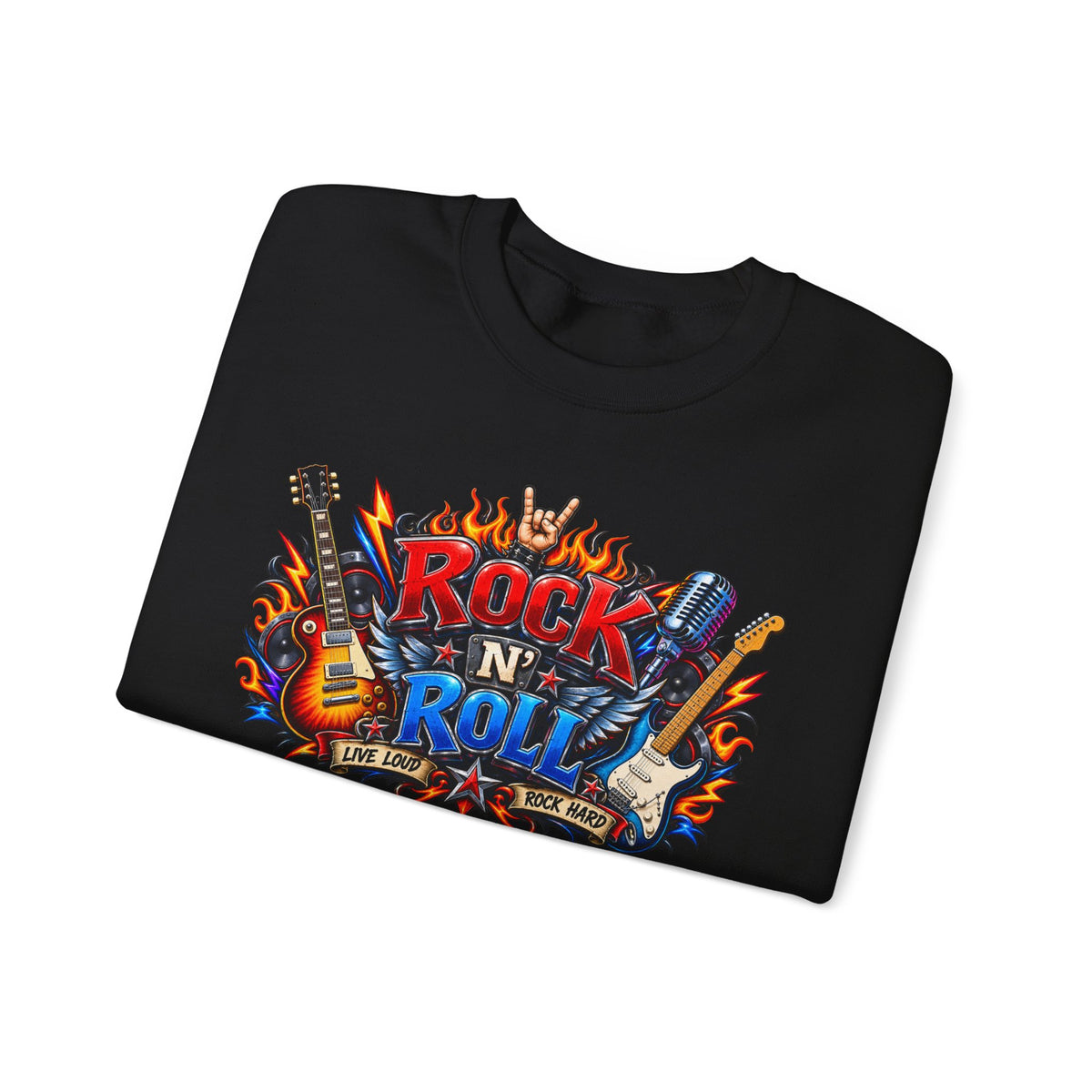 Rock 'N' Roll Graphic Sweatshirt — Retro Guitar Band Crewneck