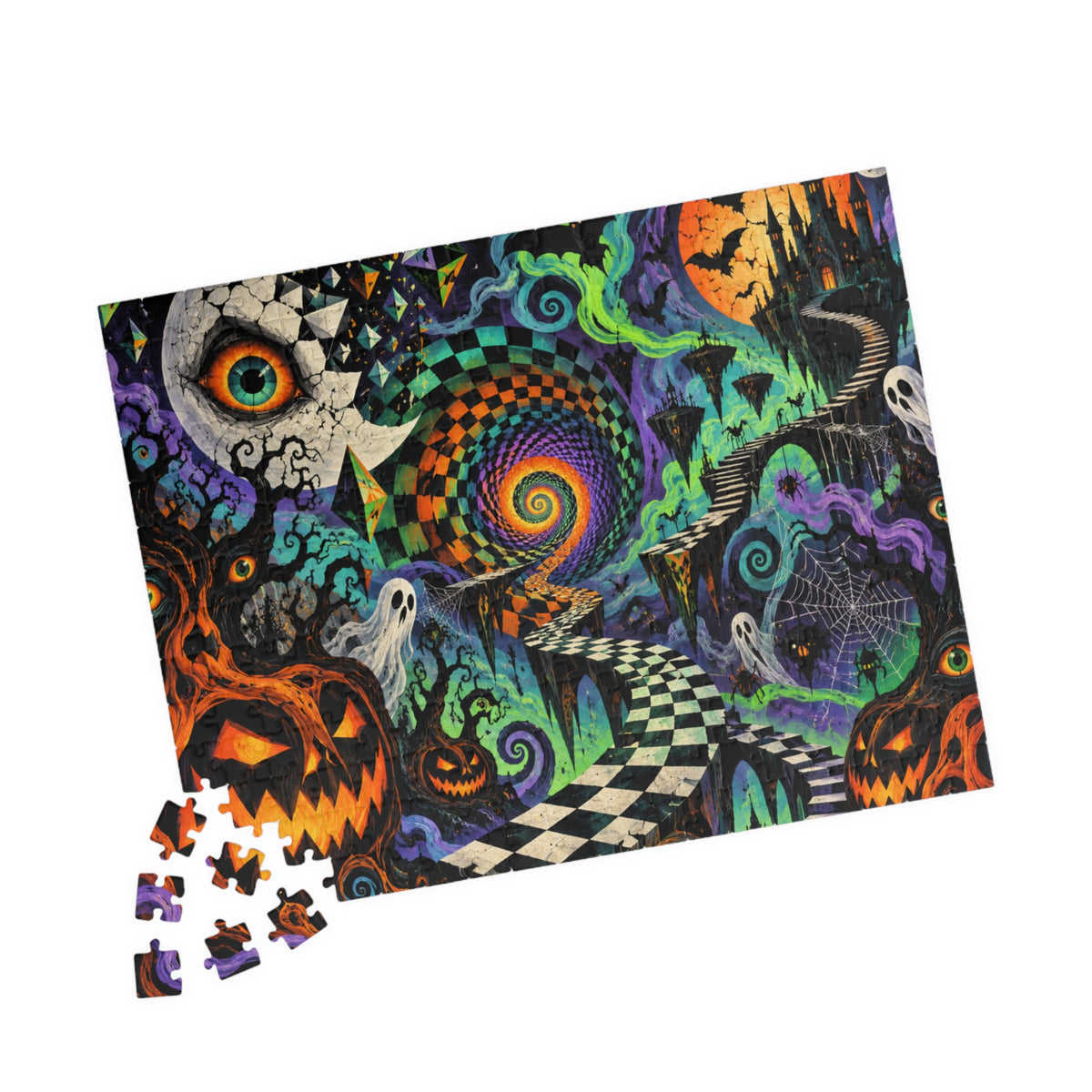 Halloween Spiral Jigsaw Puzzle — Psychedelic Pumpkin & Ghost 110/252/520/1014-Piece