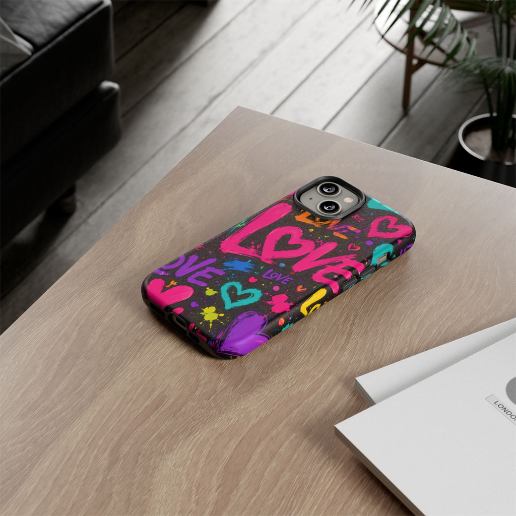 Phone Case — Neon Graffiti "Love" Hearts Protective Tough Case
