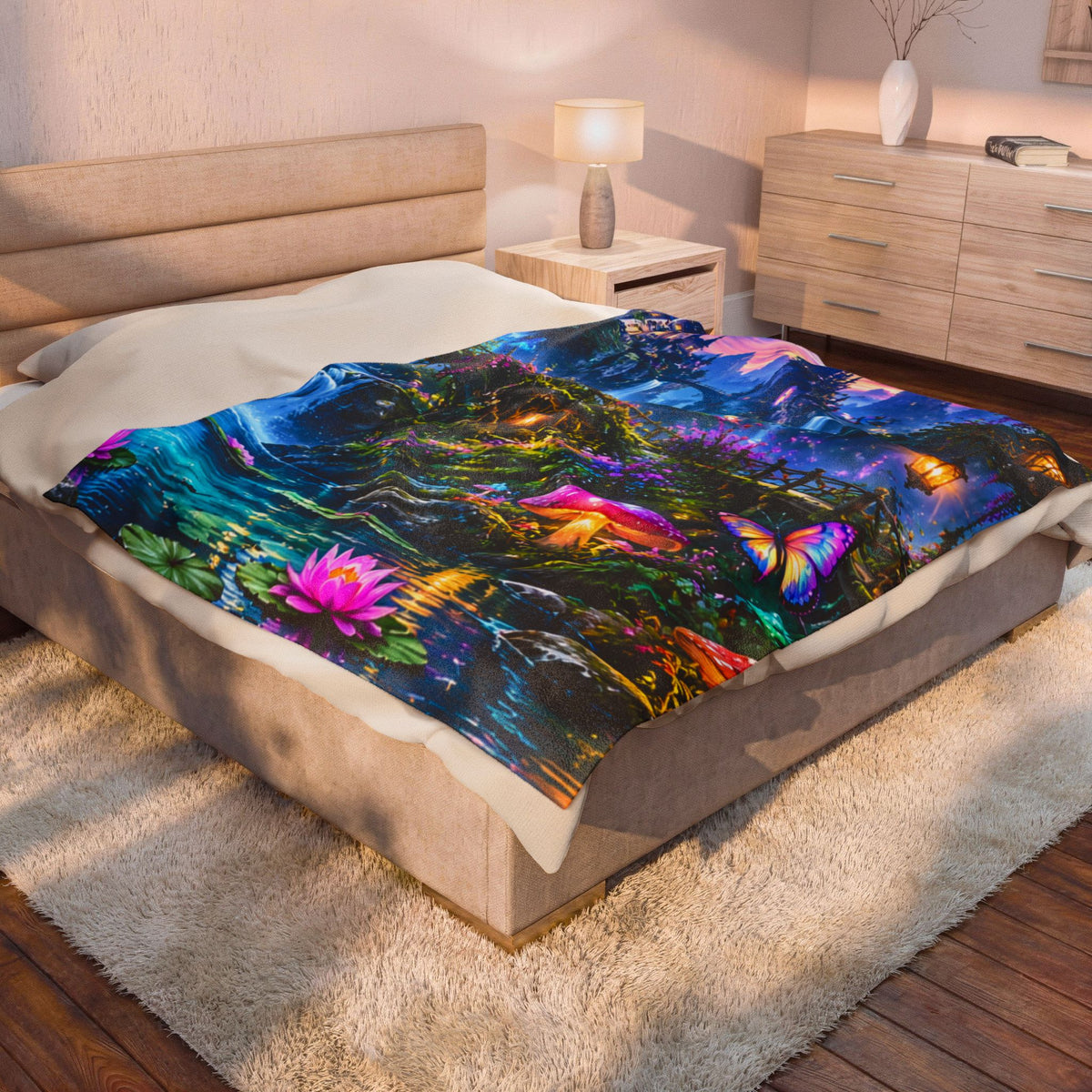 Fantasy Velveteen Plush Blanket — Enchanted Waterfall & Castle Scene