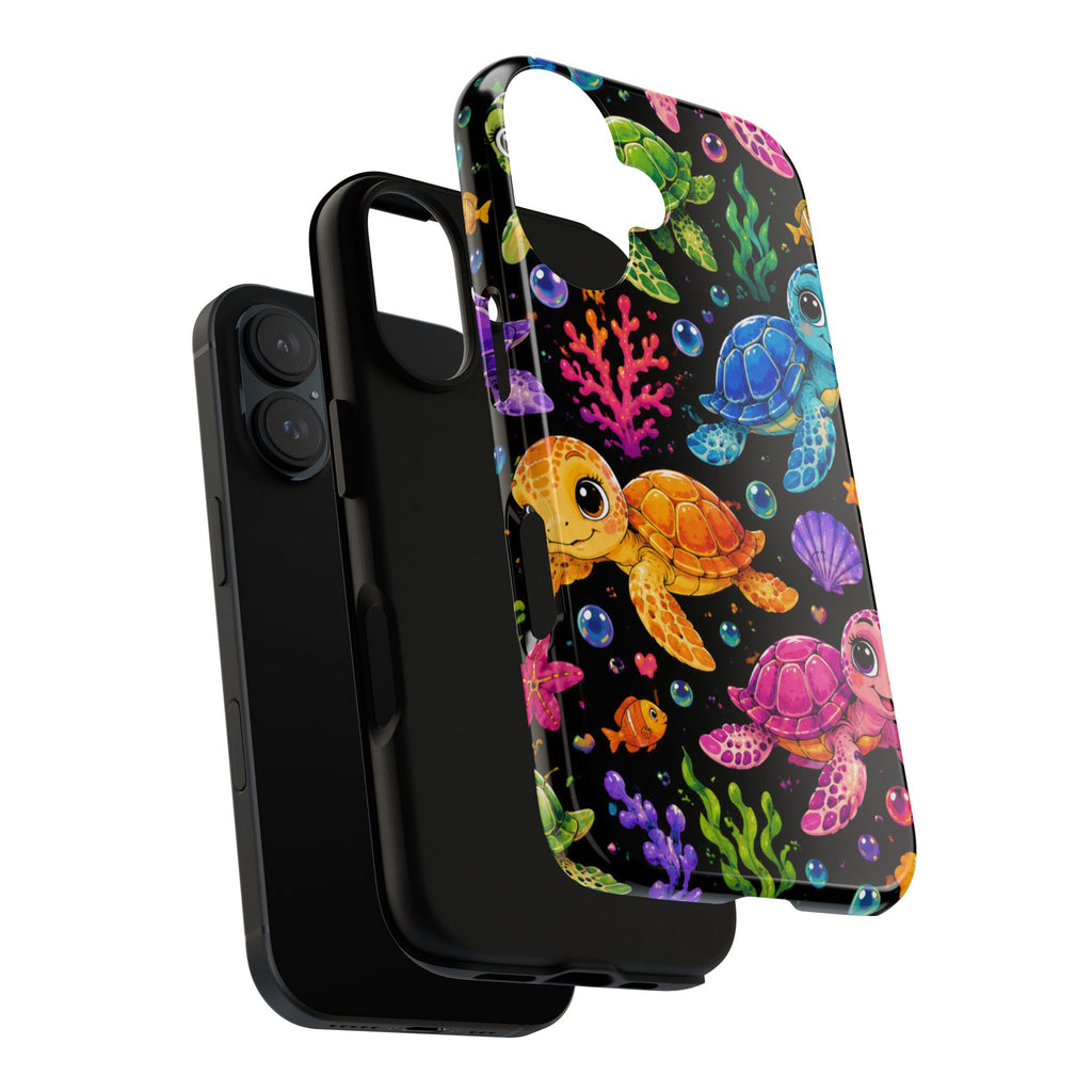 Phone Case — Colorful Cute Sea Turtles on Black (Protective Smartphone Cover)