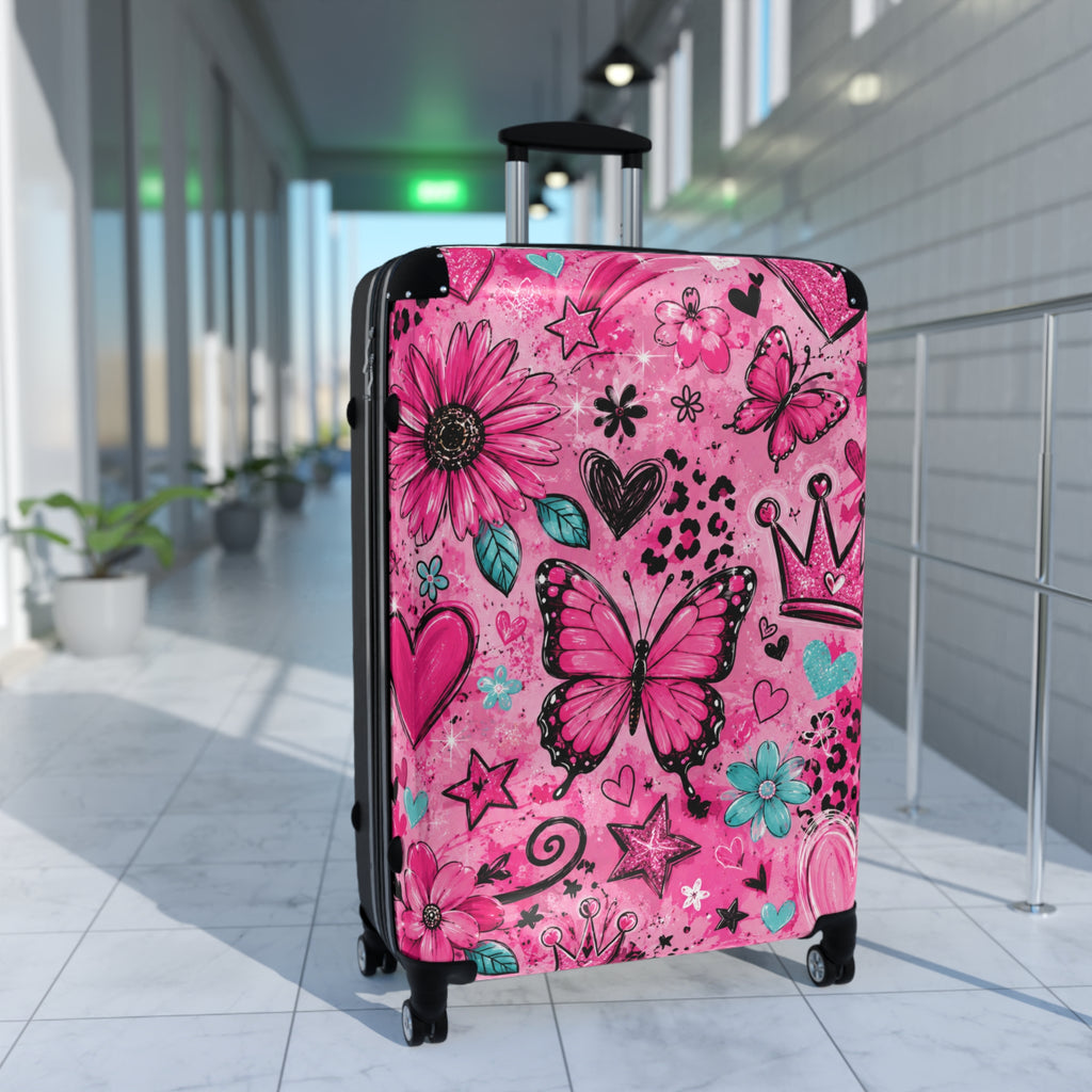 Pink Butterfly Suitcase – Kids’ Rolling Carry-On with Floral & Crown Design