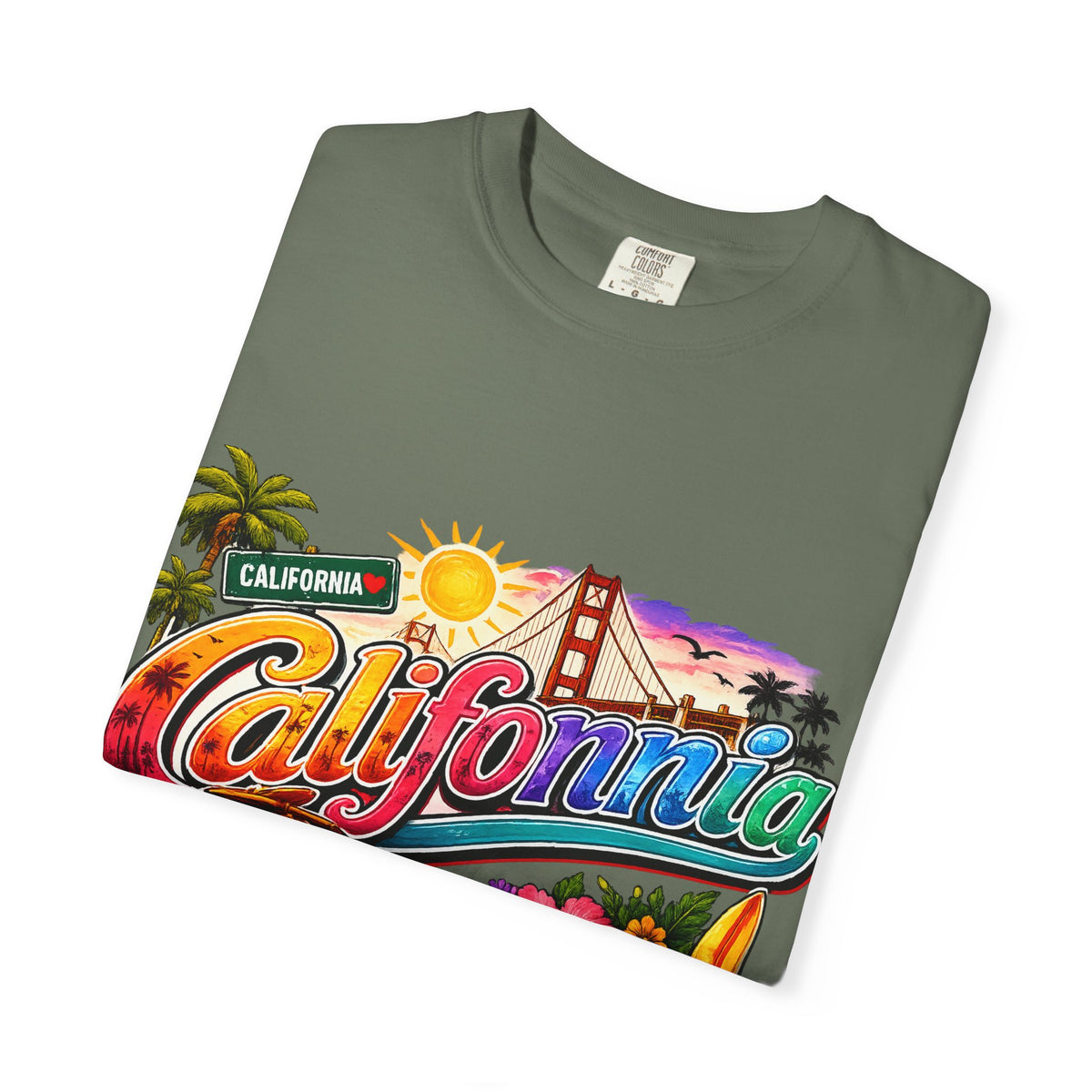 California Retro Sunset T-shirt | Golden Gate, Palm Trees & Surf
