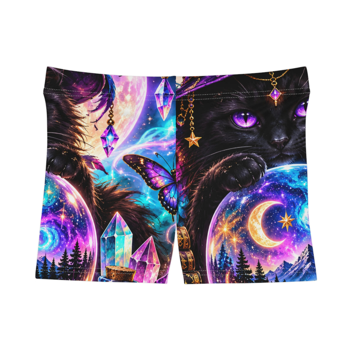 Mystic Cat Galaxy Shorts — Celestial Crystal & Moon Women's AOP Shorts