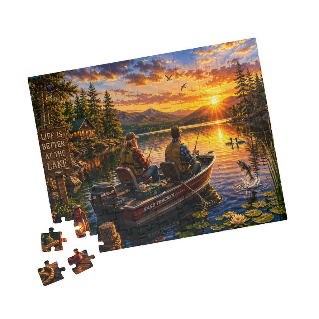 Lake Sunset Fishing Puzzle — "Life Is Better at the Lake" Scenic Jigsaw (110–1014 pcs)