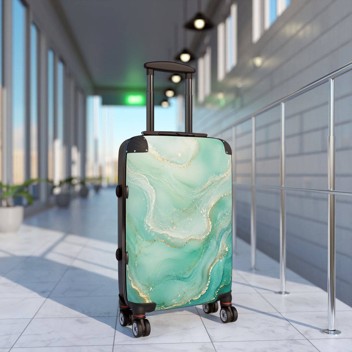 Teal Marble Carry-On Suitcase — Elegant Travel Luggage with Gold Vein Design