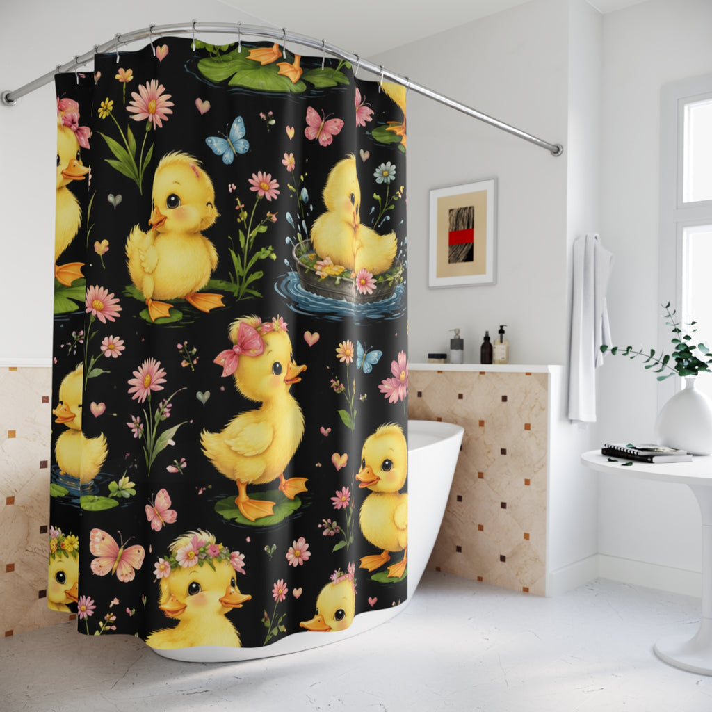 Duckling Shower Curtain – Cute Yellow Chicks Floral Bath Decor
