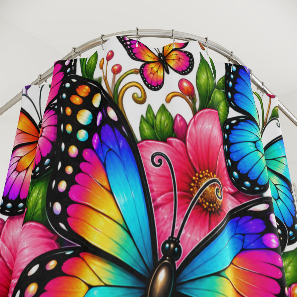 Butterfly Garden Shower Curtain — Vibrant Floral & Rainbow Butterflies Bathroom Decor