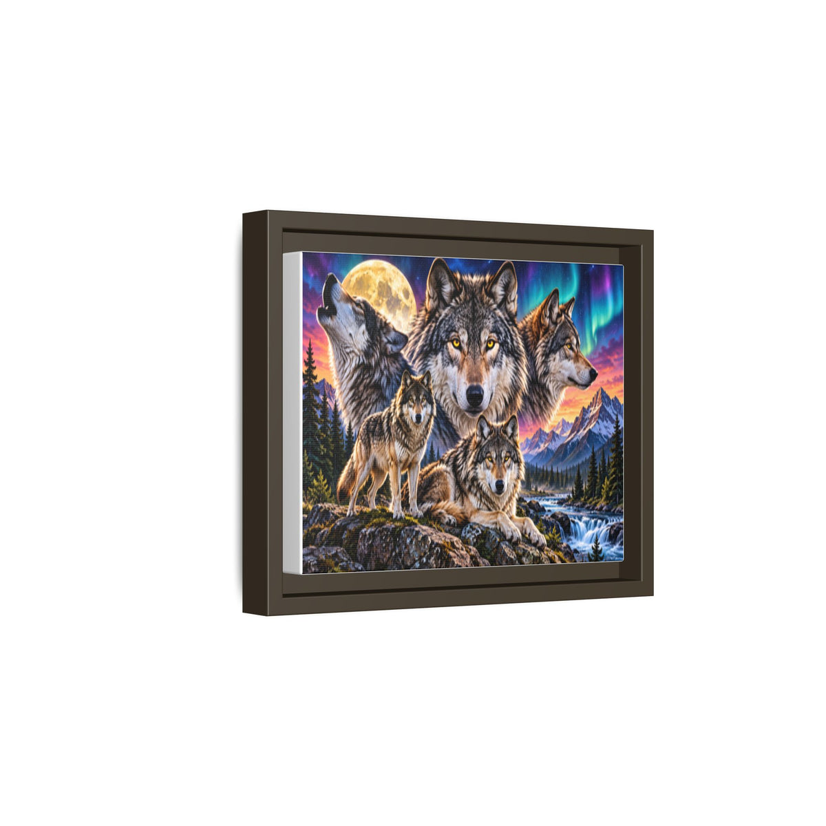 Framed Wolf Pack Matte Canvas Wall Art — Northern Lights Wilderness Scene
