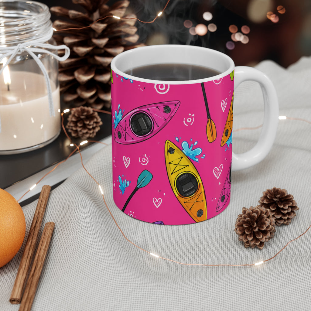 Kayak Pattern 11oz Mug — Bright Pink Boating Design