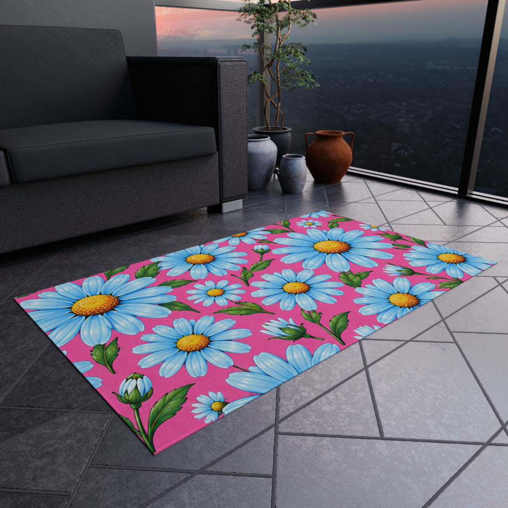 Daisy Bloom Outdoor Rug — Bright Blue Daisies on Pink Patio Mat