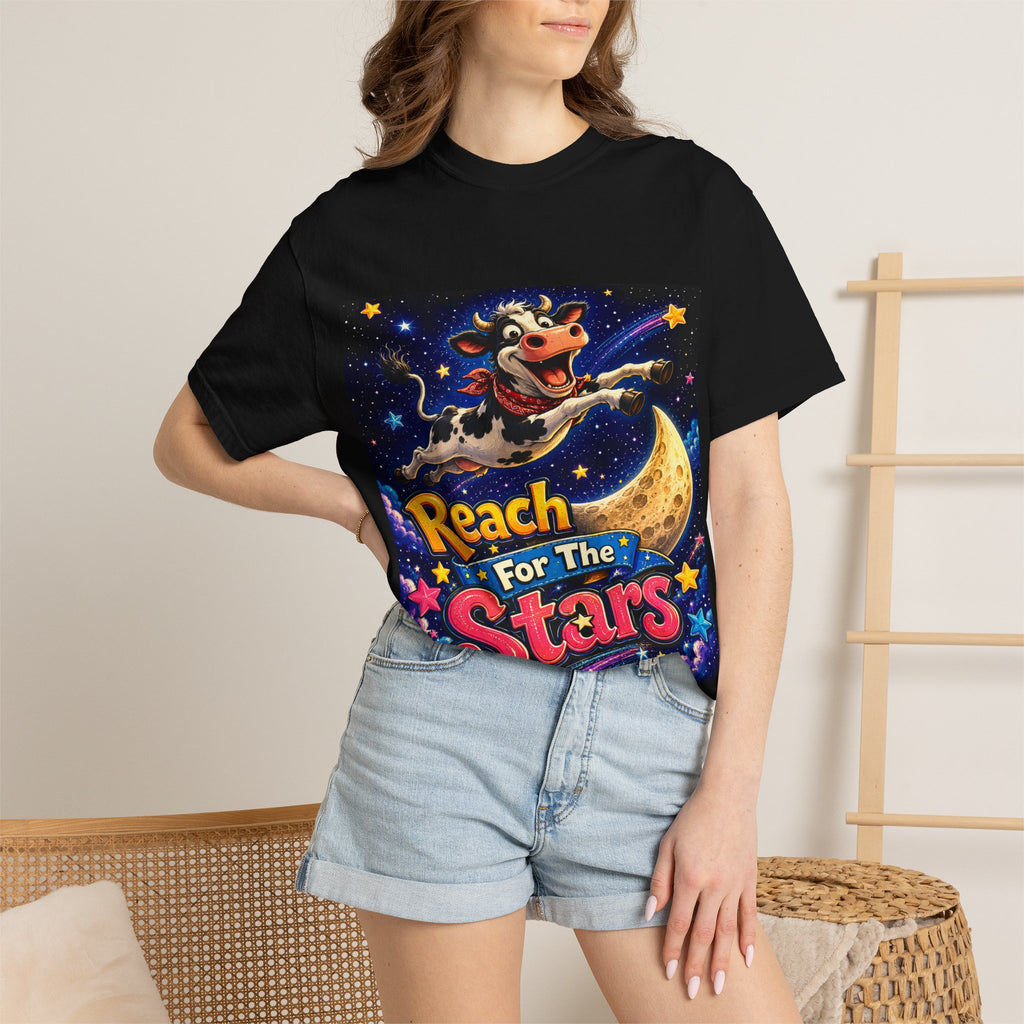 Reach For The Stars cow graphic T-Shirt | Retro space moon design