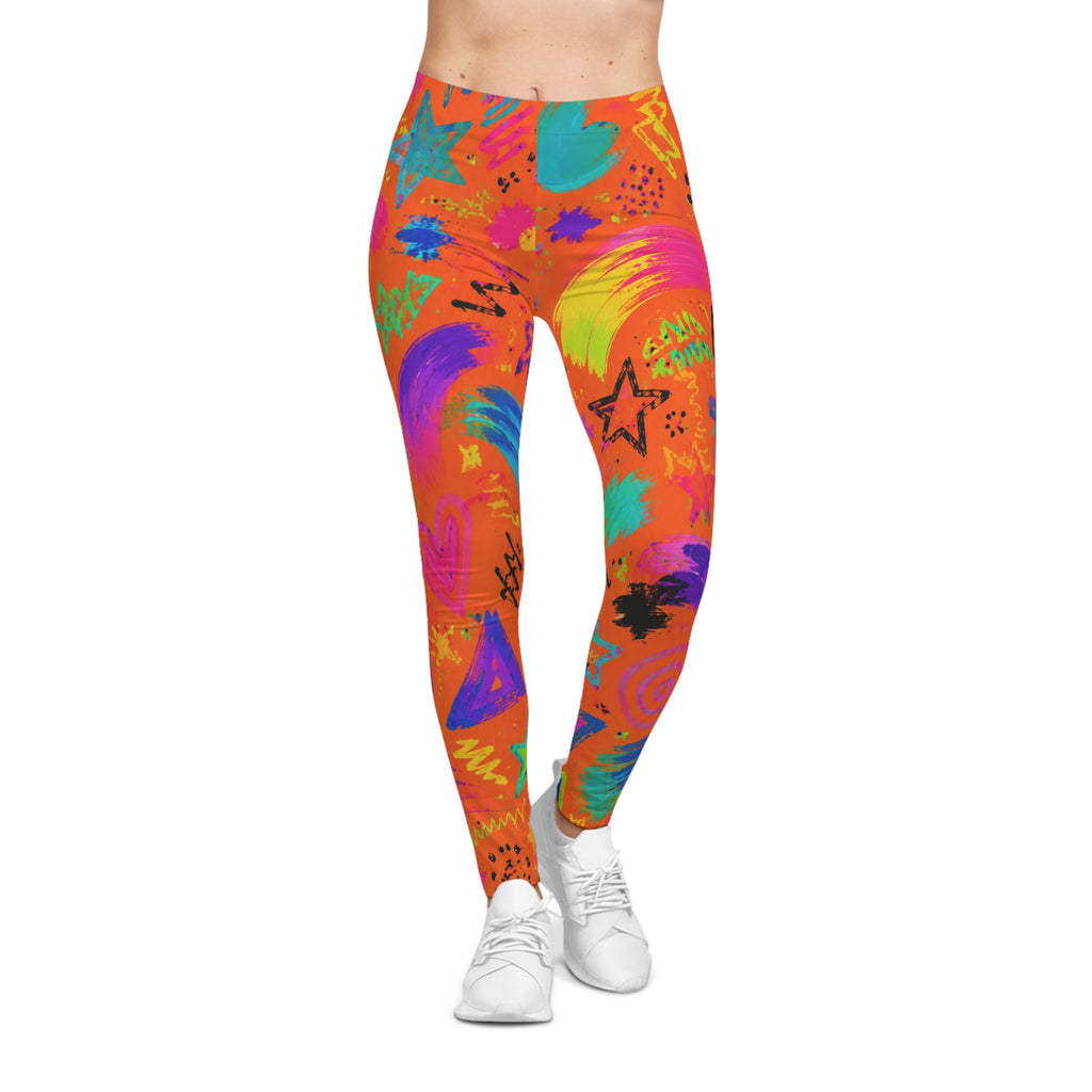 Vibrant Neon Doodle Leggings — Bold Abstract All-Over Print for Casual Wear