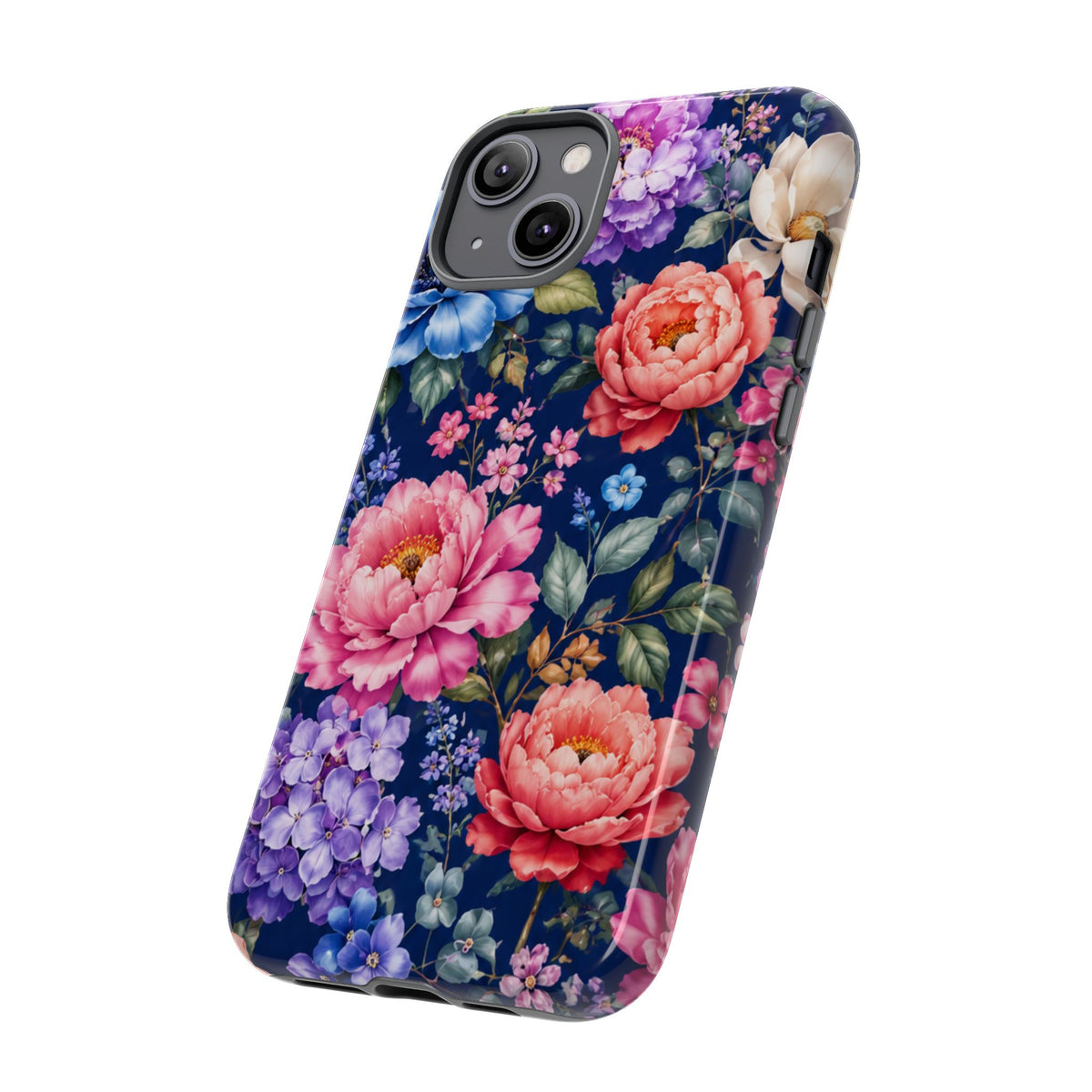 Floral Tough Phone Case – Vibrant Garden Flowers on Navy