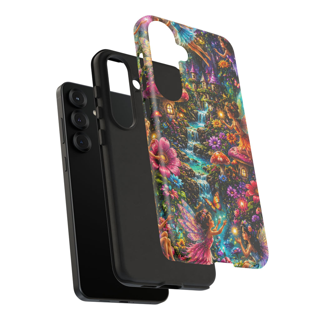 Fairy Garden Tough Phone Case — Whimsical Cottage, Waterfall & Mushroom Artwork