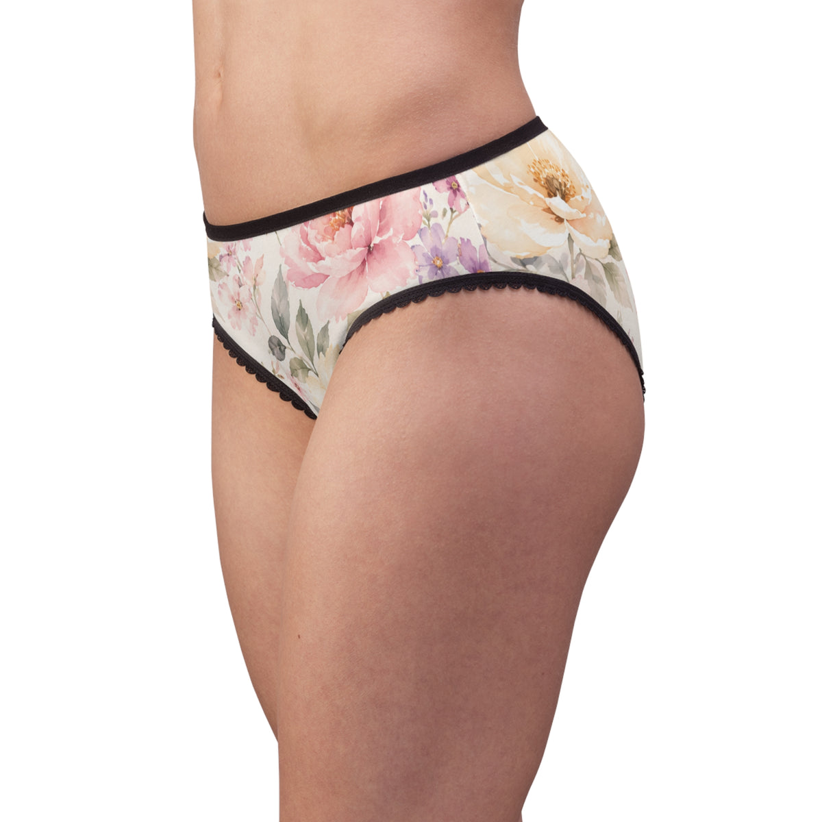 Floral Watercolor Lace-Trim Women's Briefs — Soft Pink Peony All-Over Print