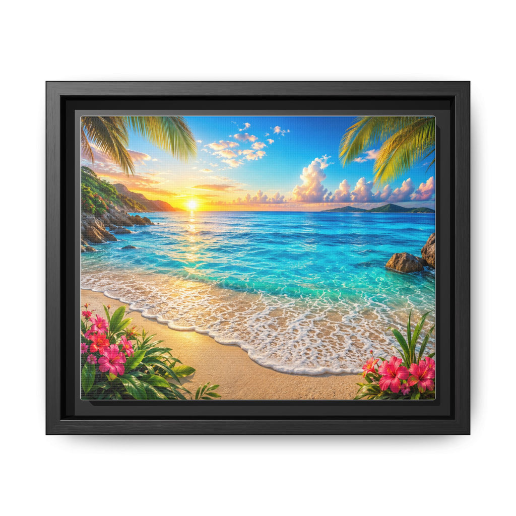 Framed Beach Sunset Matte Canvas Wall Art — Tropical Ocean Sunrise Decor