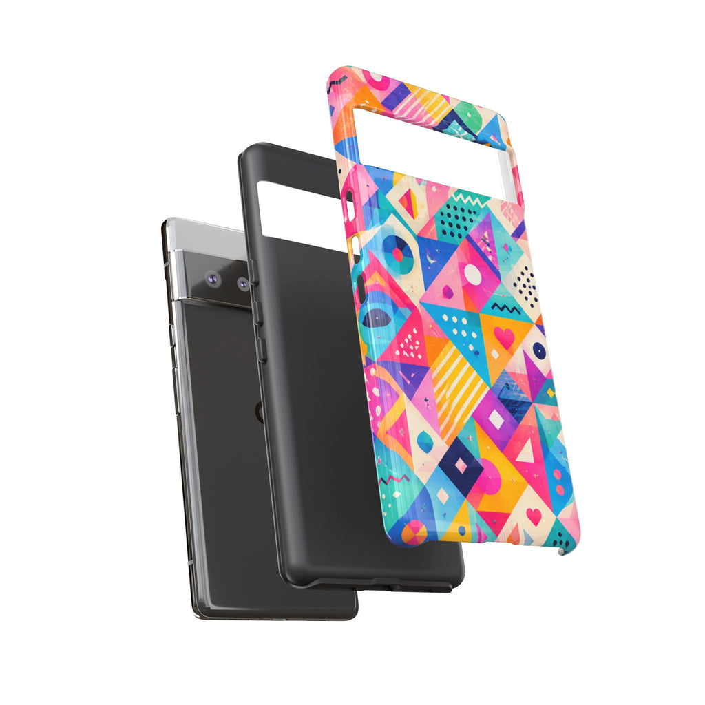 Colorful Geometric Tough Phone Case — Bright Abstract Heart & Triangle Pattern