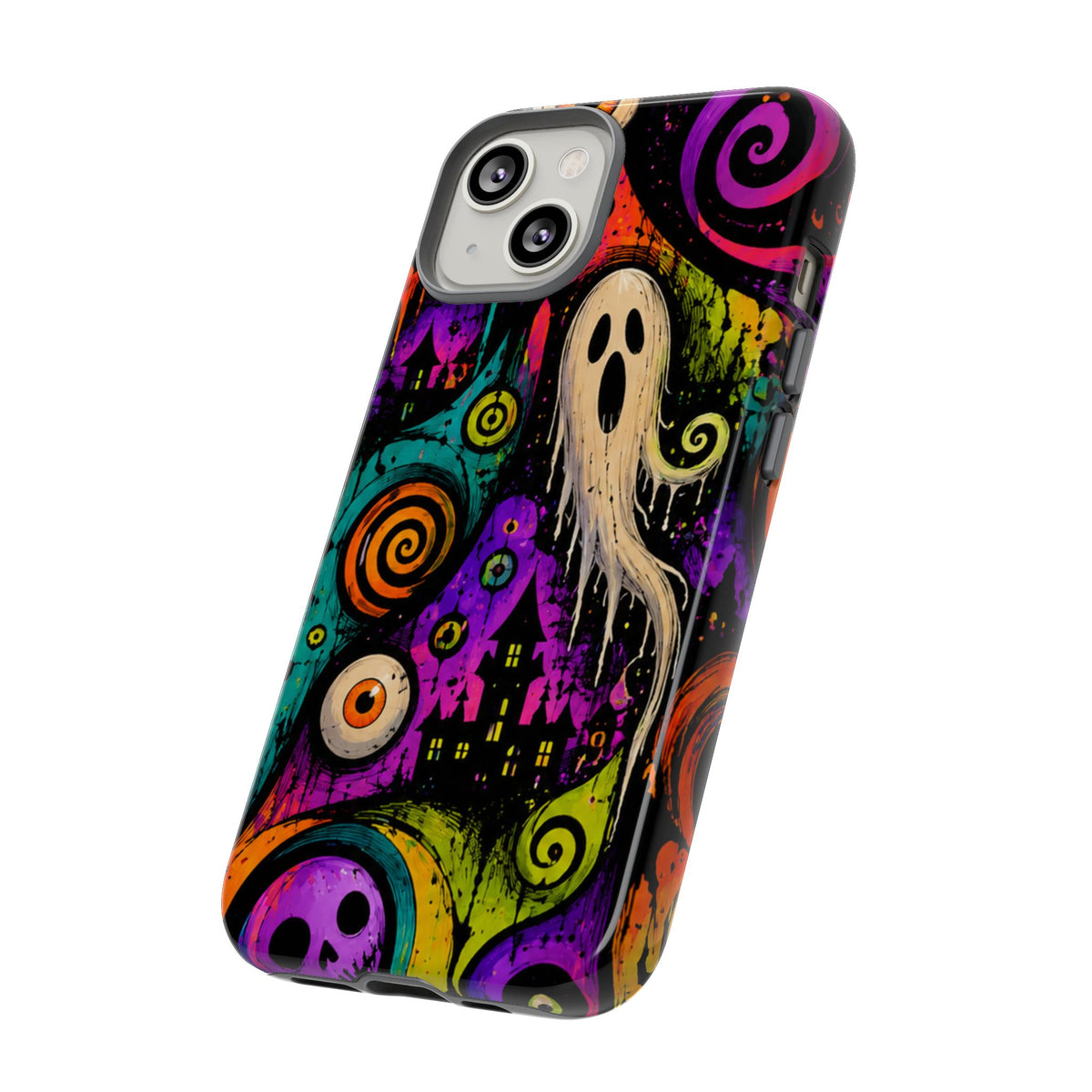 Halloween Ghost Phone Case — Colorful Spooky Skull & Haunted House Tough Case
