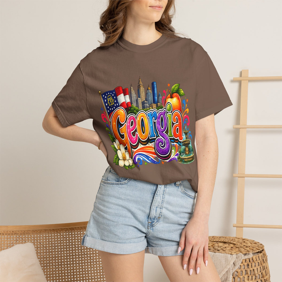 Georgia state illustration T-shirt | Atlanta skyline, peach, magnolia