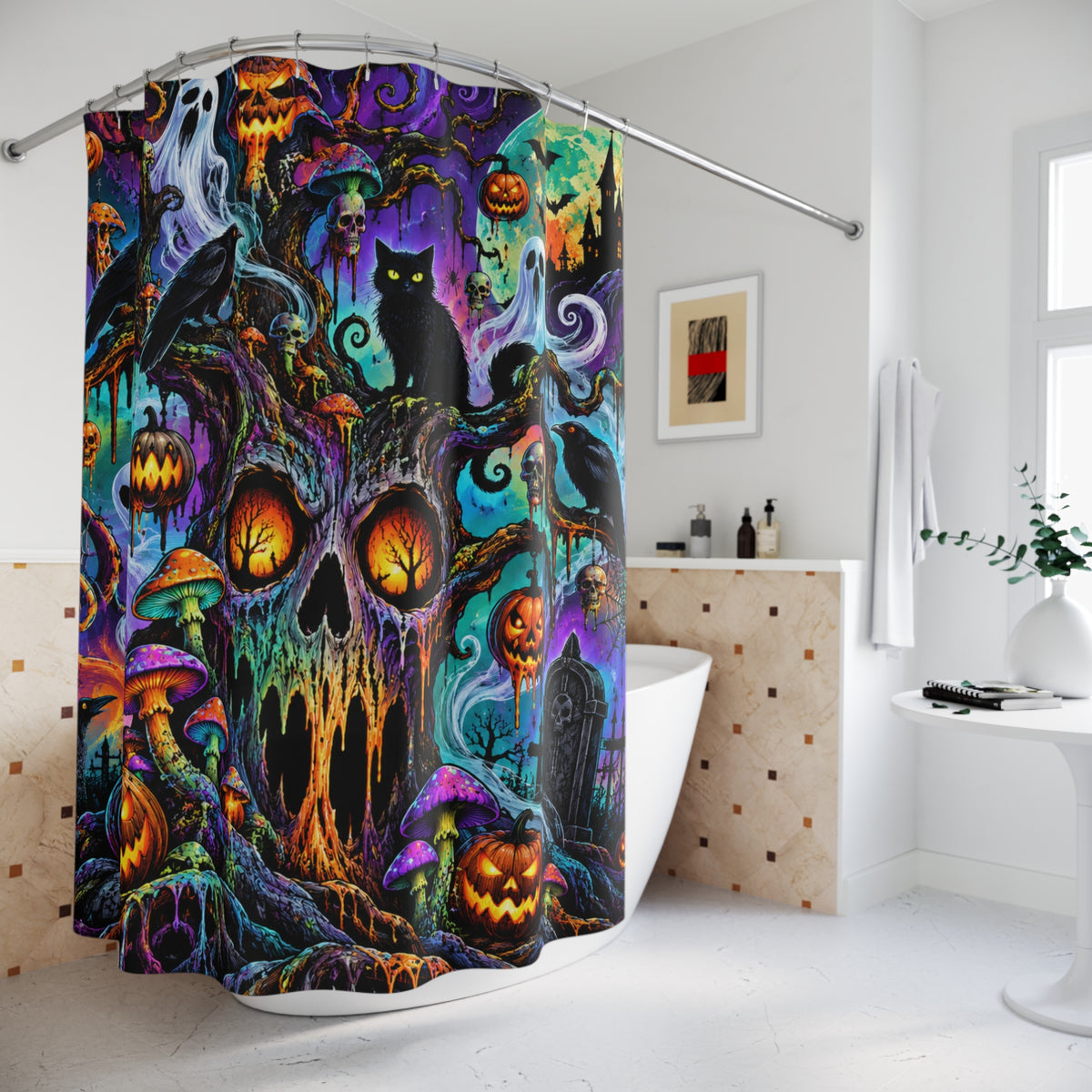 Halloween Haunted Forest Shower Curtain — Spooky Pumpkins, Black Cat & Ghosts
