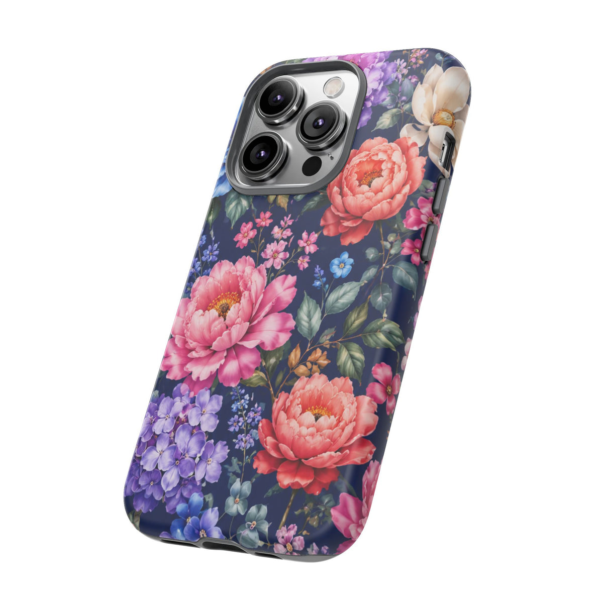 Floral Tough Phone Case – Vibrant Garden Flowers on Navy