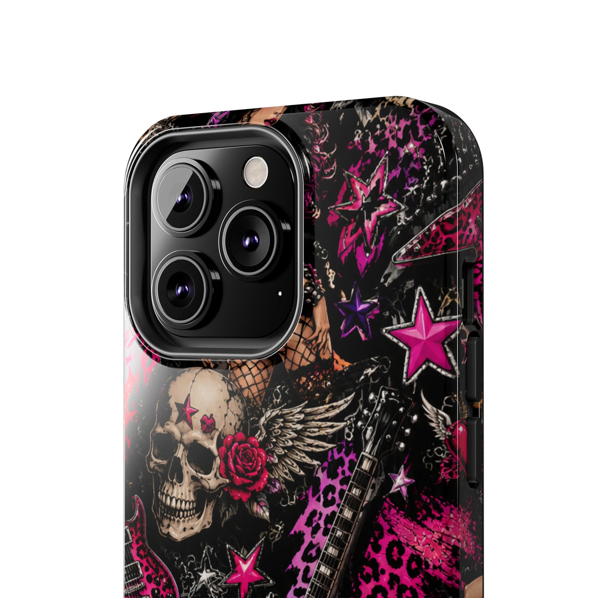 Rock Skull Guitar Phone Case — Edgy Pink Skull & Roses Tough Phone Case