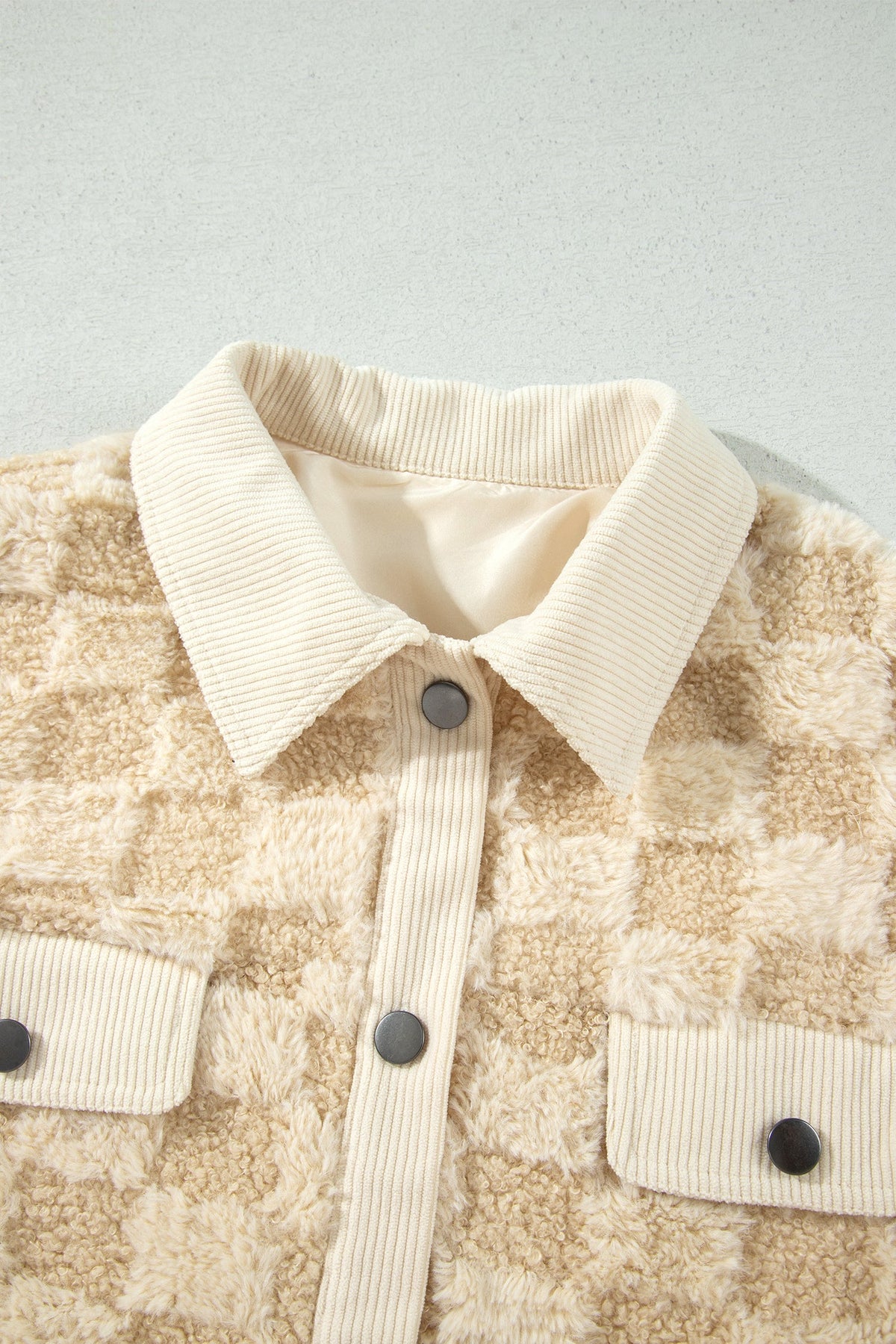 Checker Plush Fleece Corduroy Trim Buttoned Shacket