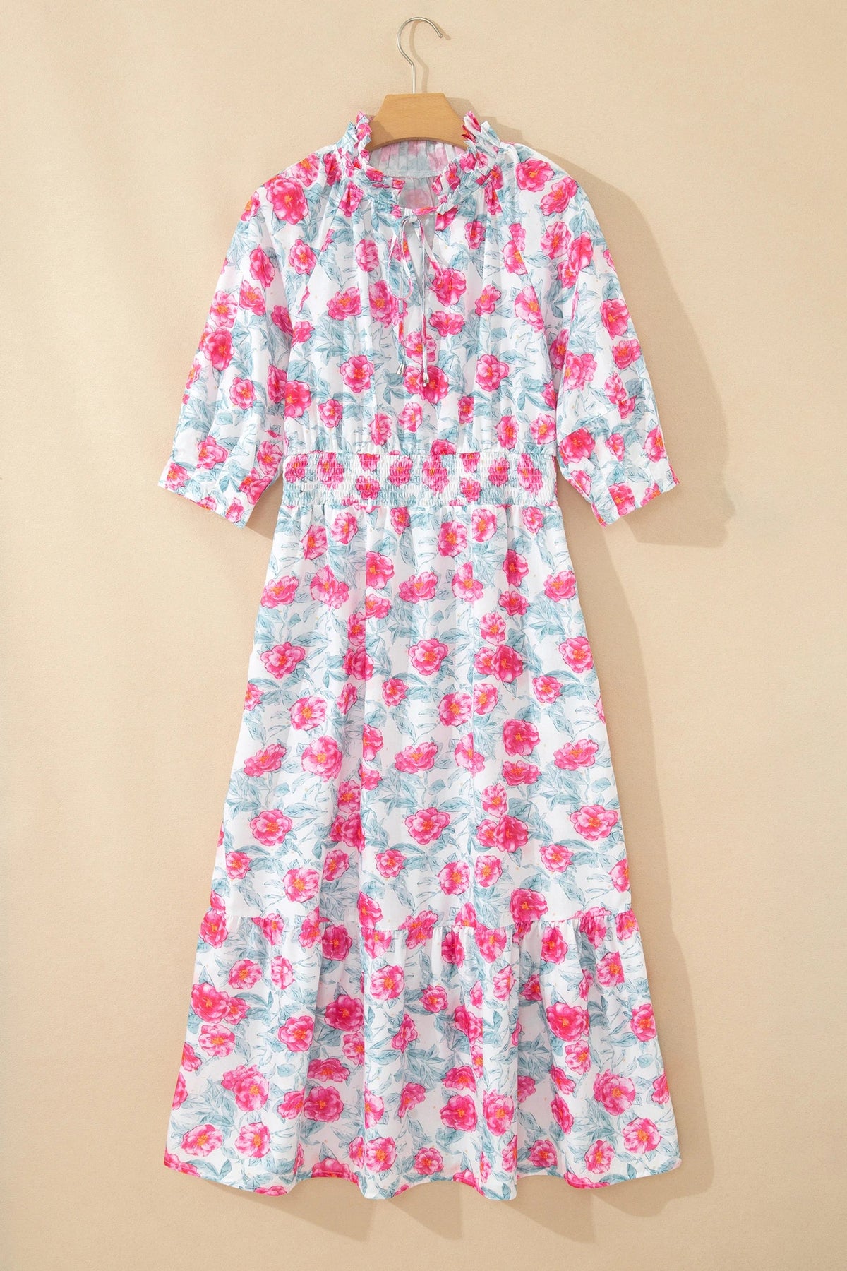 Floral Tie V-Neck Puff Sleeve Midi Dress
