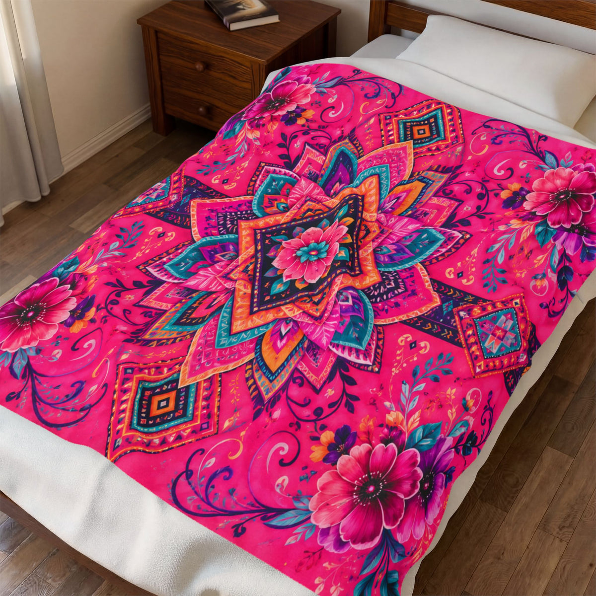 Boho Pink Mandala Velveteen Plush Blanket