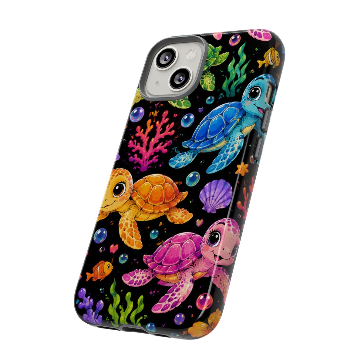 Phone Case — Colorful Cute Sea Turtles on Black (Protective Smartphone Cover)