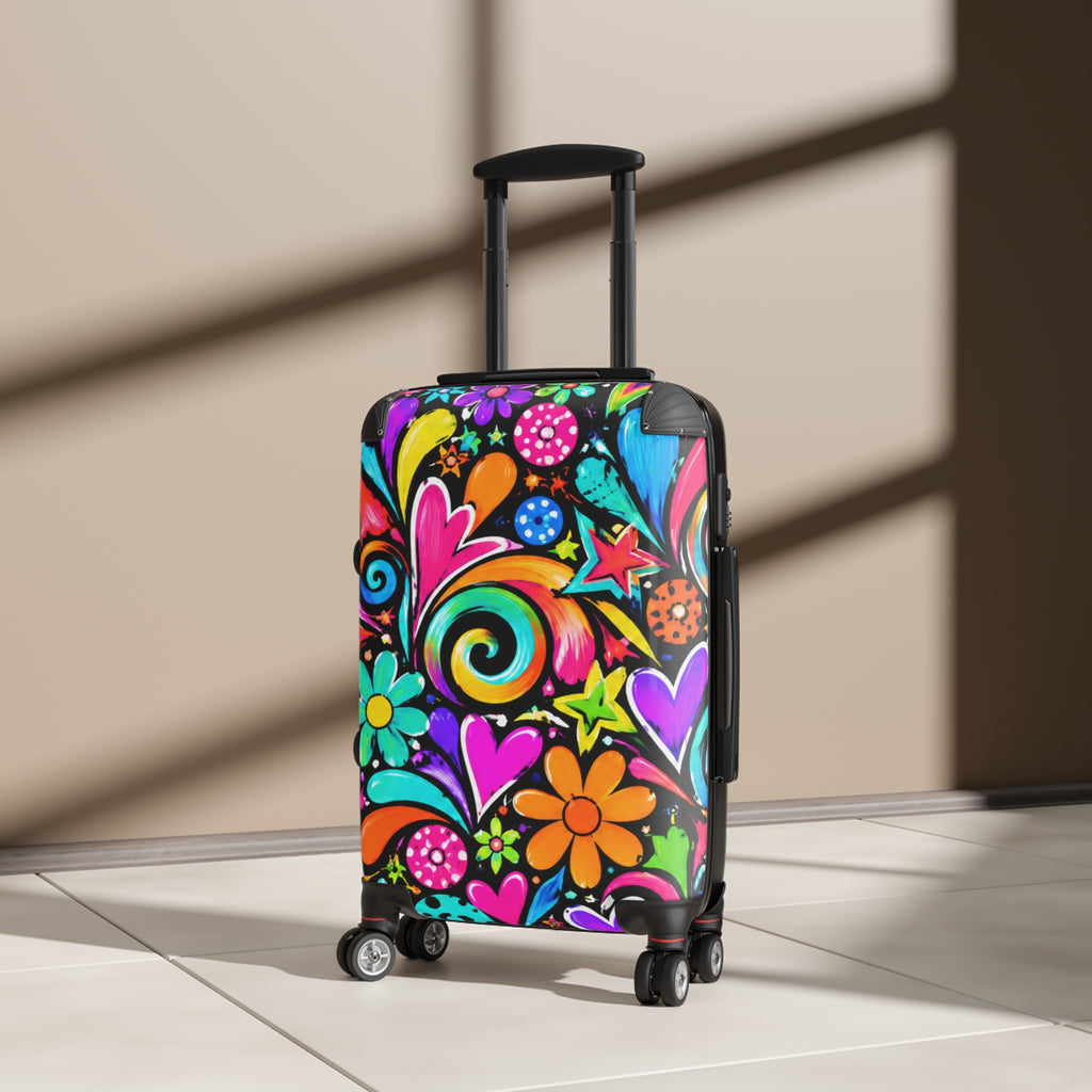Colorful Retro Floral Suitcase — Bright Hippie Heart & Star Luggage Cover