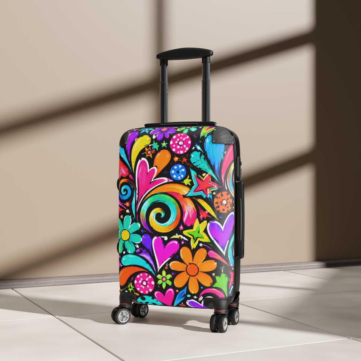 Colorful Retro Floral Suitcase — Bright Hippie Heart & Star Luggage Cover
