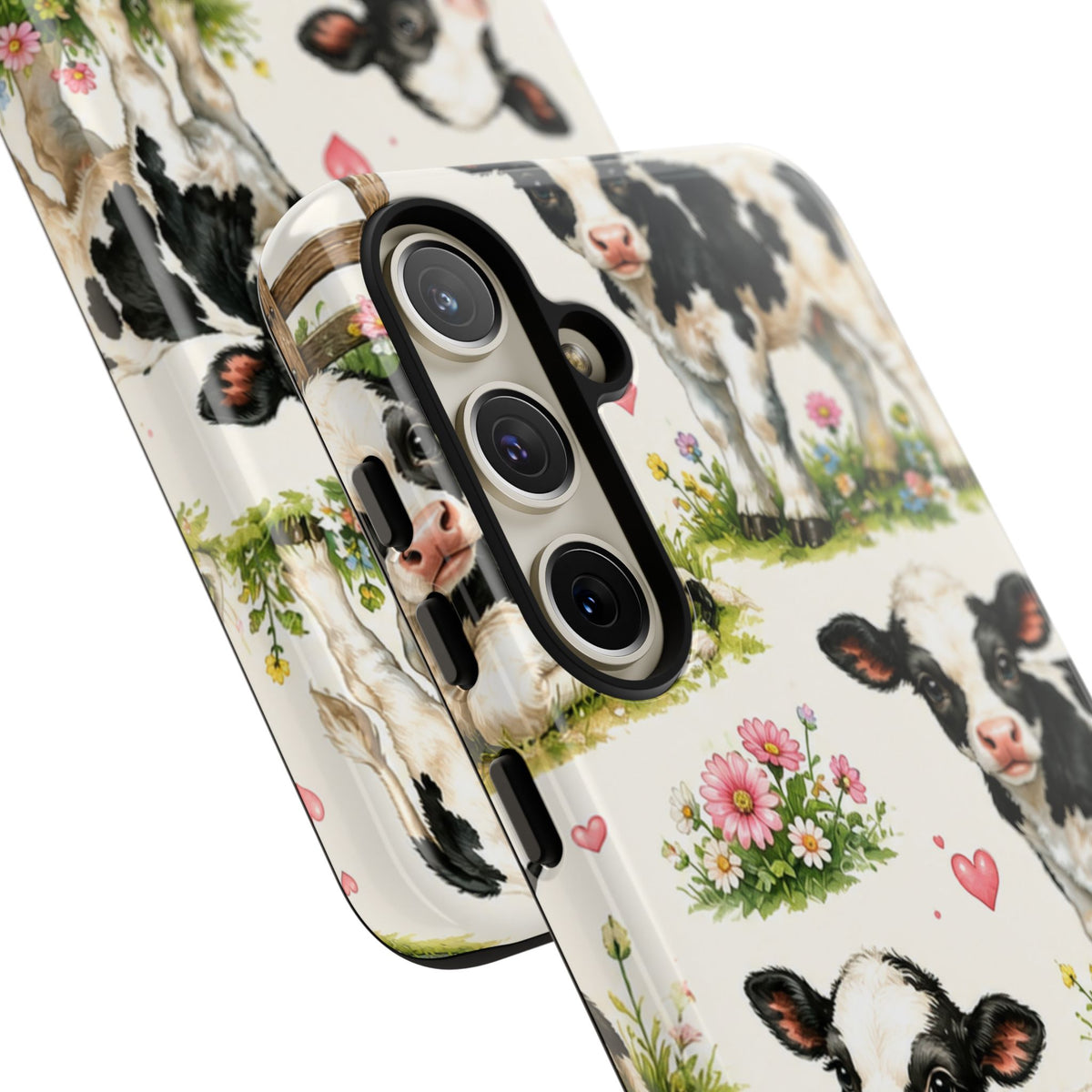 Cute Calf Pattern Phone Case – Pastel Cow Hearts & Flowers Protective Cover
