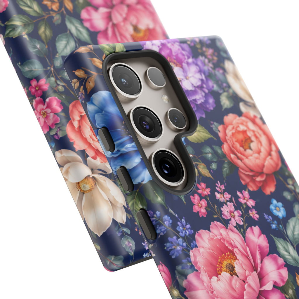 Floral Tough Phone Case – Vibrant Garden Flowers on Navy