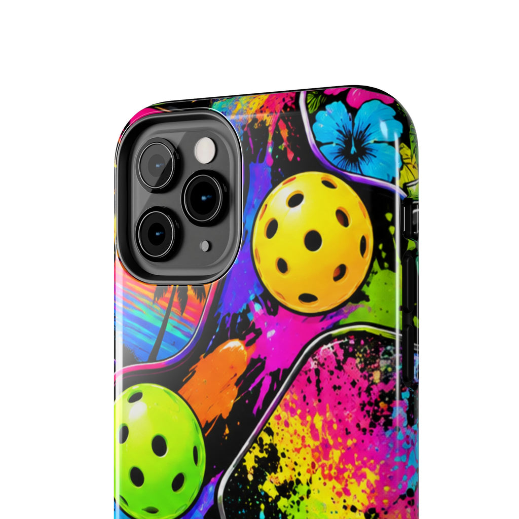 Pickleball Splash Tough Phone Case — Neon Paddle & Ball Protective Cover