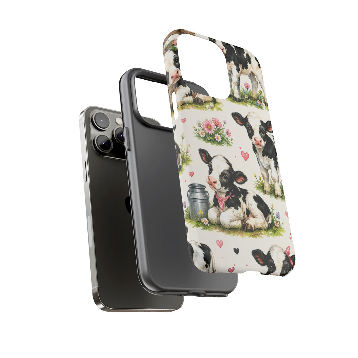 Cute Calf Pattern Phone Case – Pastel Cow Hearts & Flowers Protective Cover