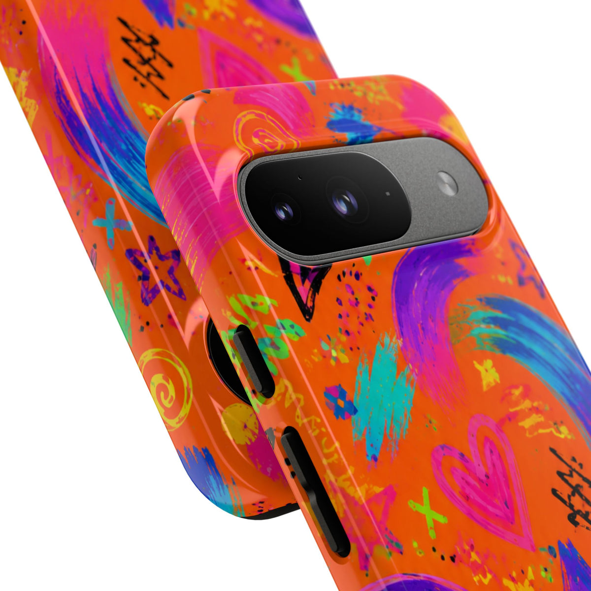 Colorful Neon Doodle Phone Case — Bright Abstract Stars & Hearts Tough Case