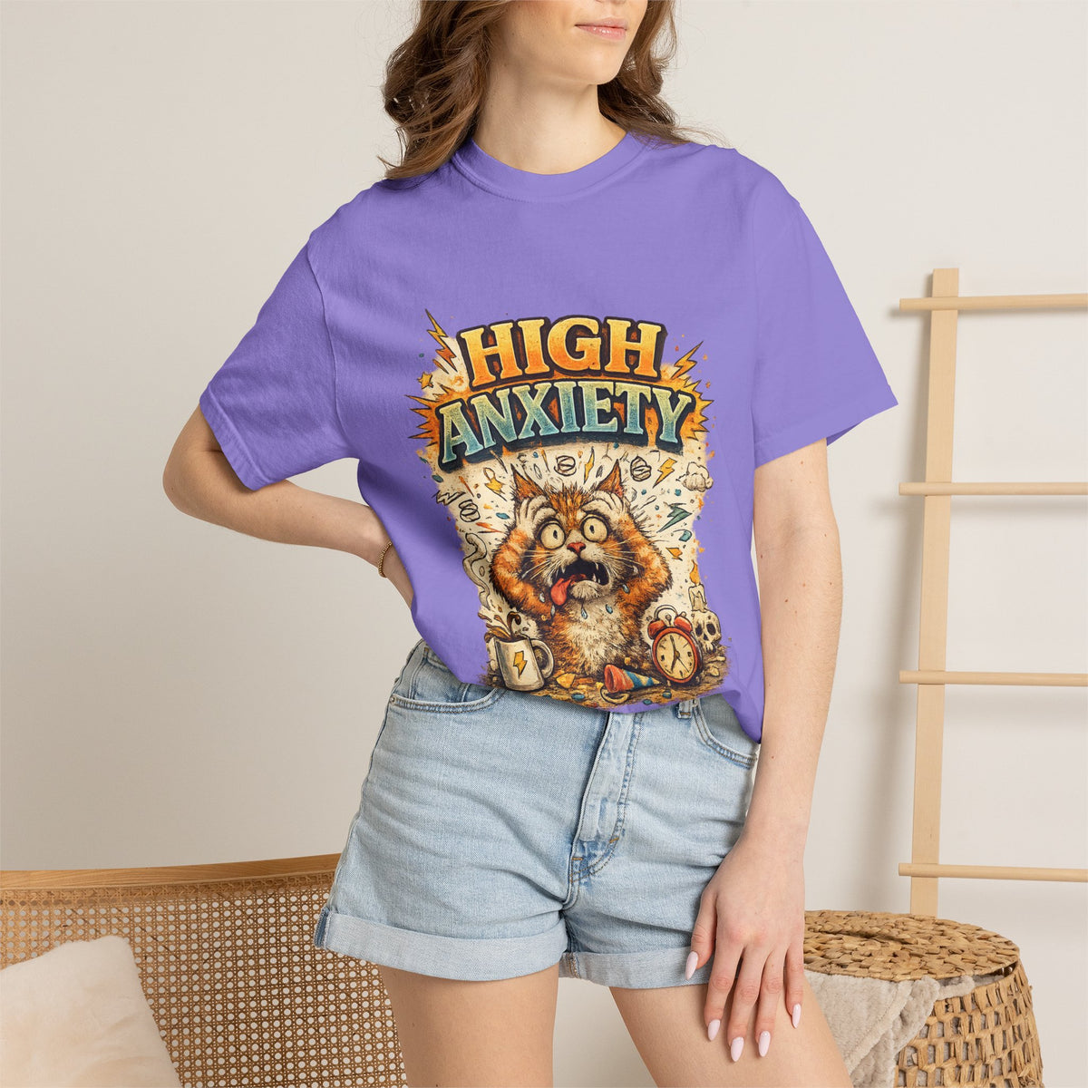 High Anxiety Cat Illustration T-shirt | Nervous Kitty Graphic Tee