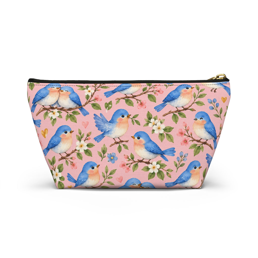 Bluebird Pattern Accessory Pouch | Pink Floral Zip Pouch
