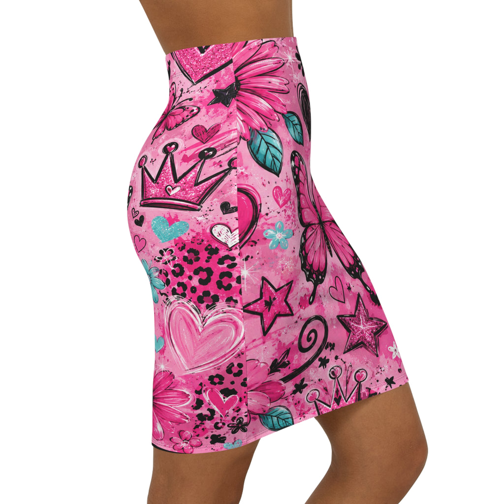 Pink Butterfly Doodle Pencil Skirt — Floral Hearts & Crown Print