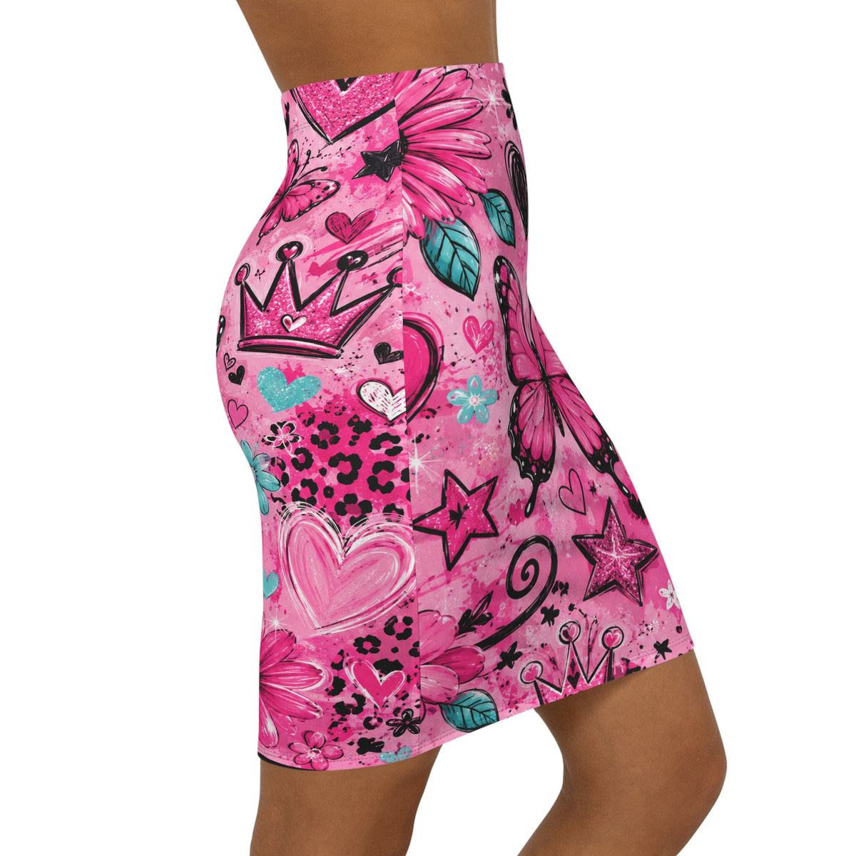 Pink Butterfly Doodle Pencil Skirt — Floral Hearts & Crown Print