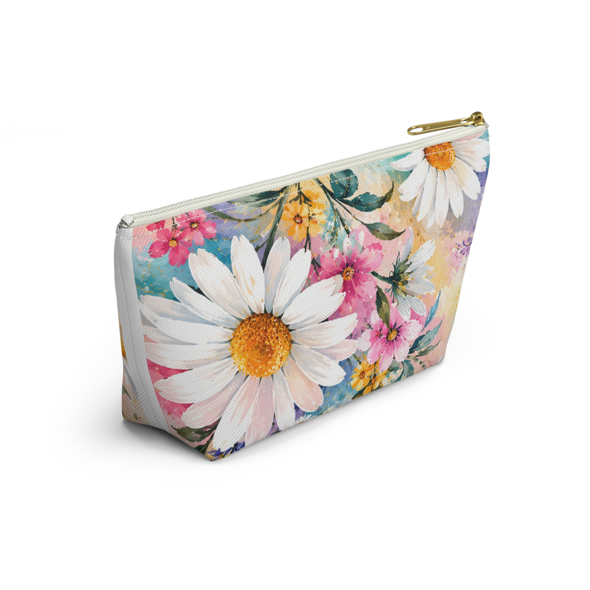 Daisy Meadow Accessory Pouch — Floral Cosmetic T‑Bottom Bag